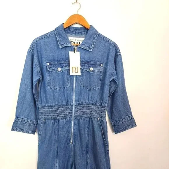 NWT River Island Jumpsuit Blue Denim Smocked Waist Boilersuit Size 8 UK, 6 US - Picture 4 of 12